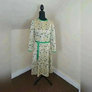 GOLDWORM Wool Knit Vintage Dress Metallic Green Floral Size S